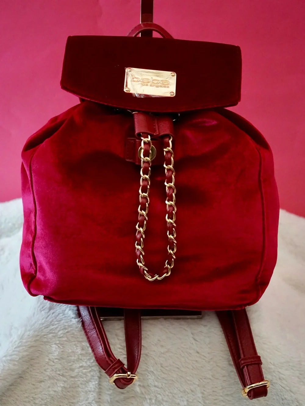⁠NWT Bebe Los Angeles Wine Red Velour Mini Backpack Gold Chain Detail Purse